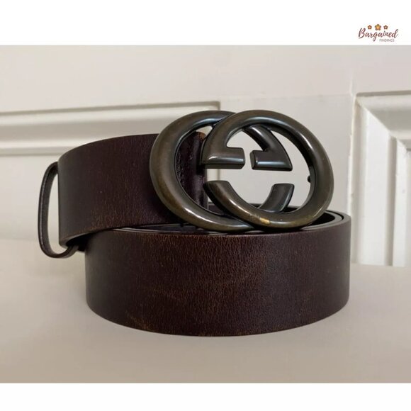 Authentic Gucci Dark Brown Calfskin Dark Bronze Interlocking G Buckle Belt 90/36 - Picture 12 of 13